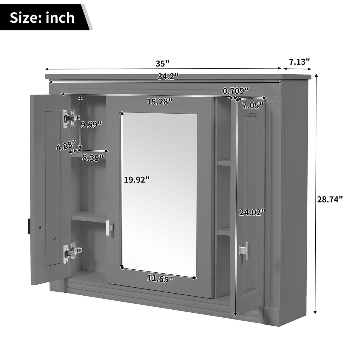 Wall Mounted Bathroom Cabinet with Mirror and 4 Shelves - Gray