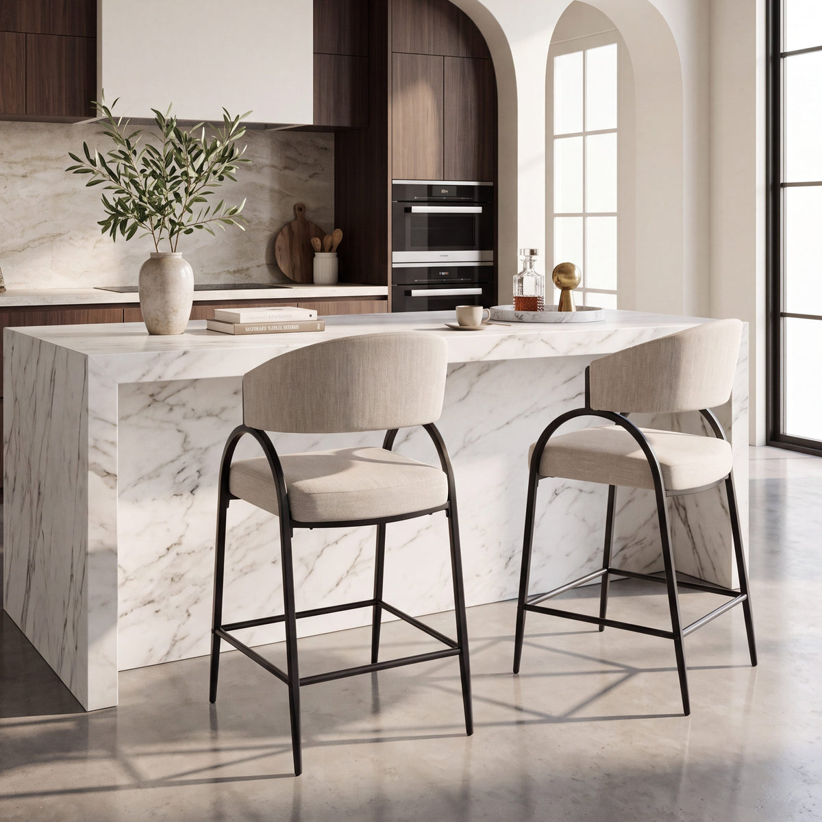 25'' Seat Height Modern Fabric Bar Stools with Back
