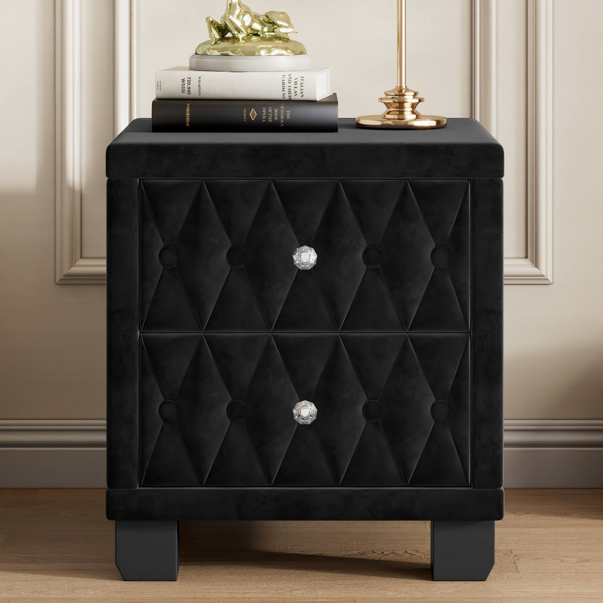 Elegant Velvet Nightstand with 2 Drawers and Crystal Handles