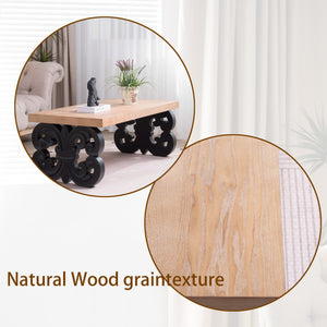Black Scroll Base Coffee Table – 47' Rectangular Wood Living Room Table with Natural Top – Modern Farmhouse Accent Table – Elegant Centerpiece with Ornate Carved Design