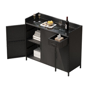 K&K 47.5"W Wicker Outdoor Storage Cabinet with Tempered Glass Desktop