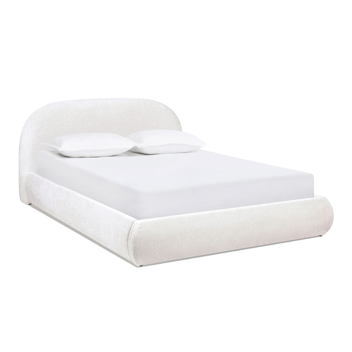 Archie Puffy Grounded Upholstered Platform Bed with Rounded Headboard - Green, White, Beige