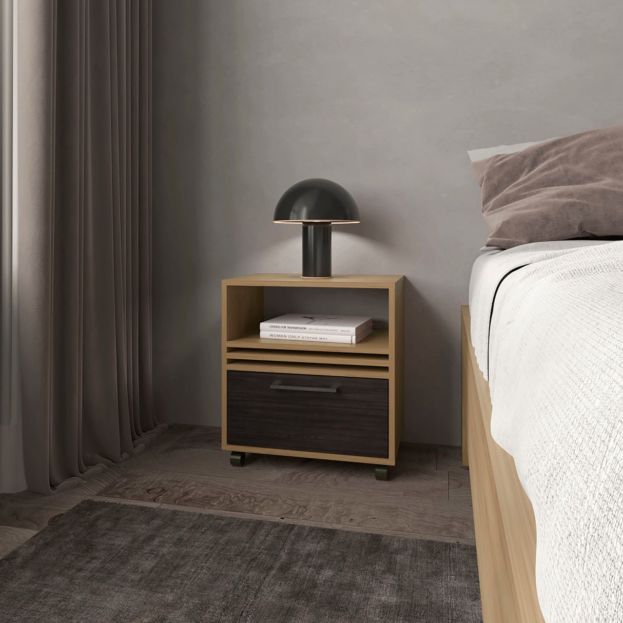 Saxon nightstand with a drawer and open storage, natural oak
