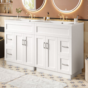 Bathroom Vanity with 4 Cabinet Doors, 4 Drawers, Dual Sinks - White