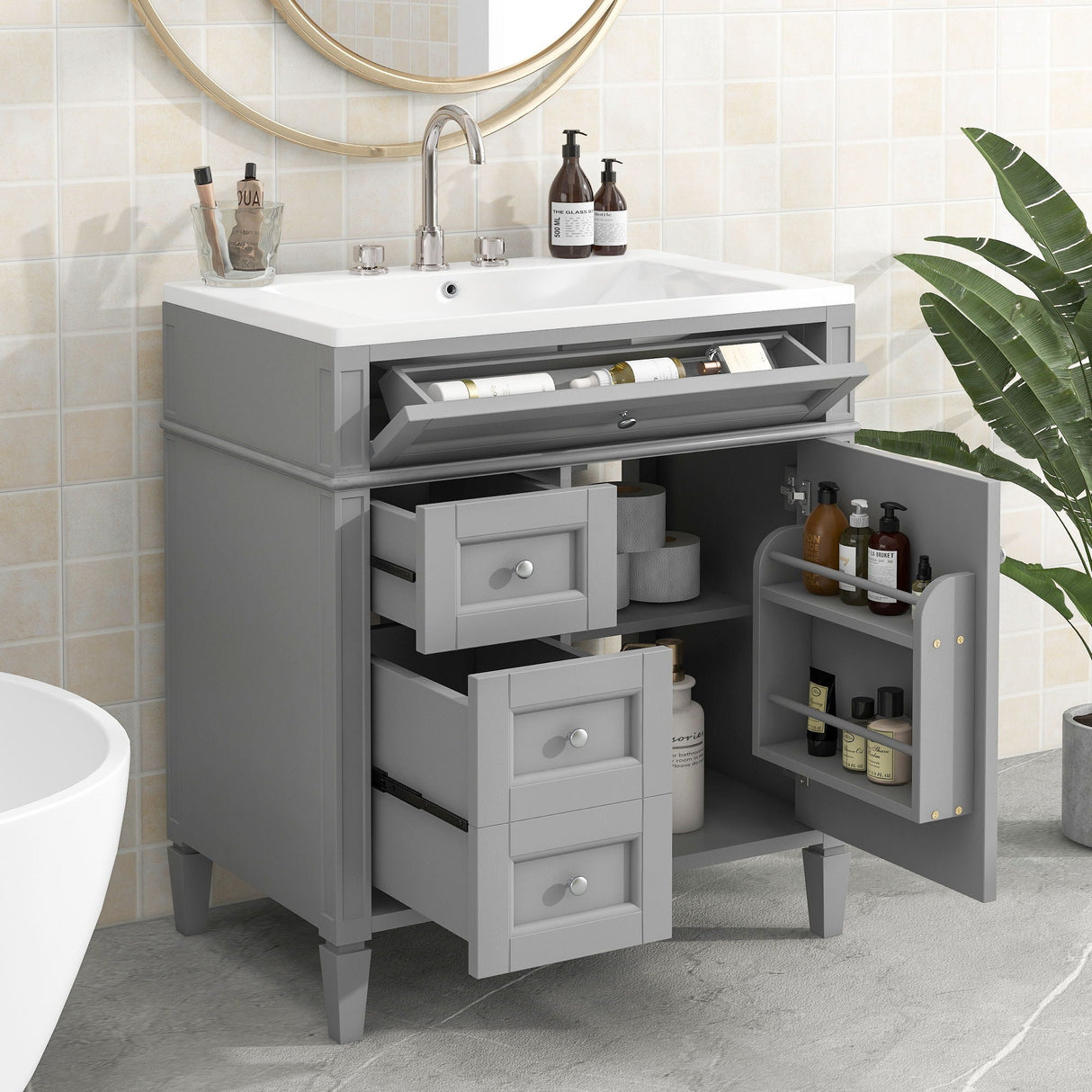 Bathroom Vanity With Top Sink, 2 Drawers And Tip Out Drawer, Rectangular Design