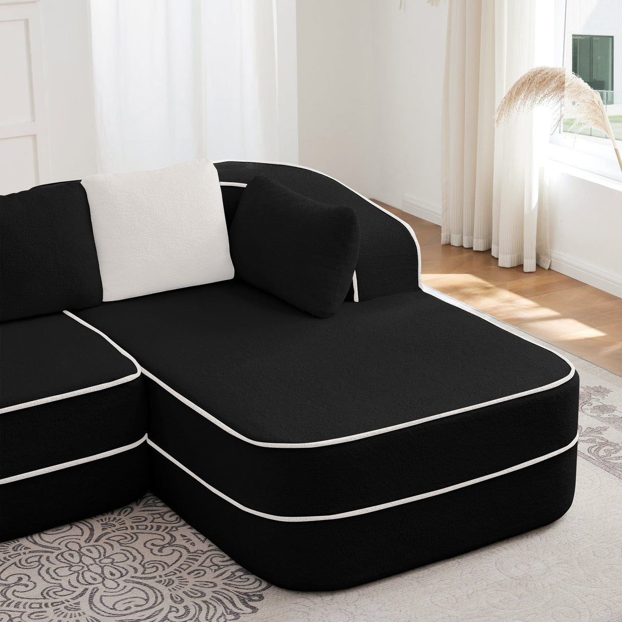 ELYSEES Right Chaise Sofa With Pillows Teddy Fabric - Black