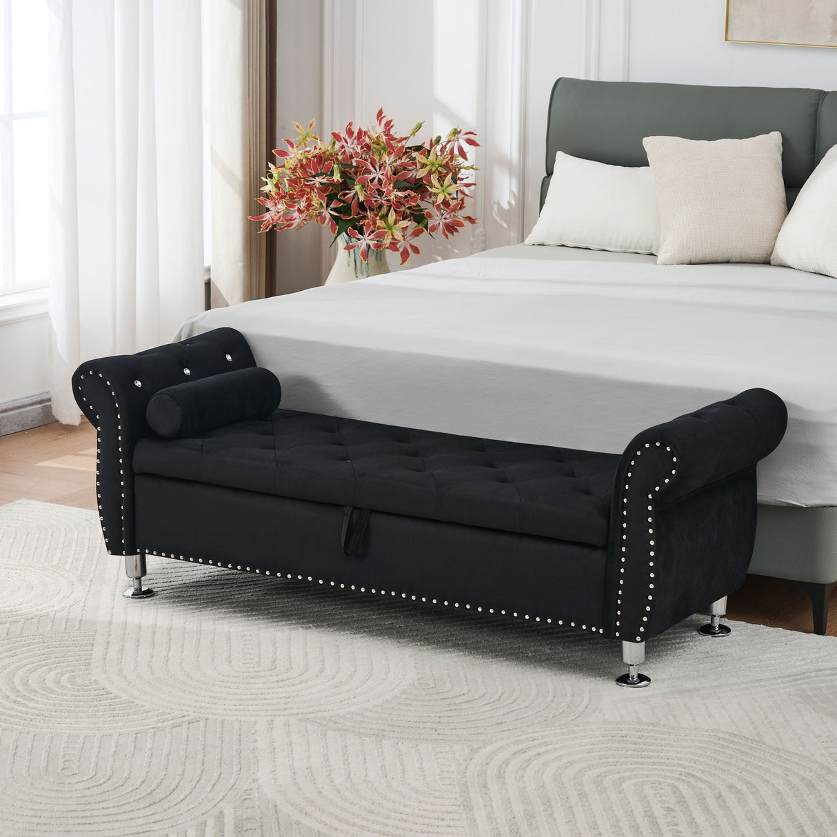 Storage Bench With Crystal Buttons And 1 Pillow For Bedroom