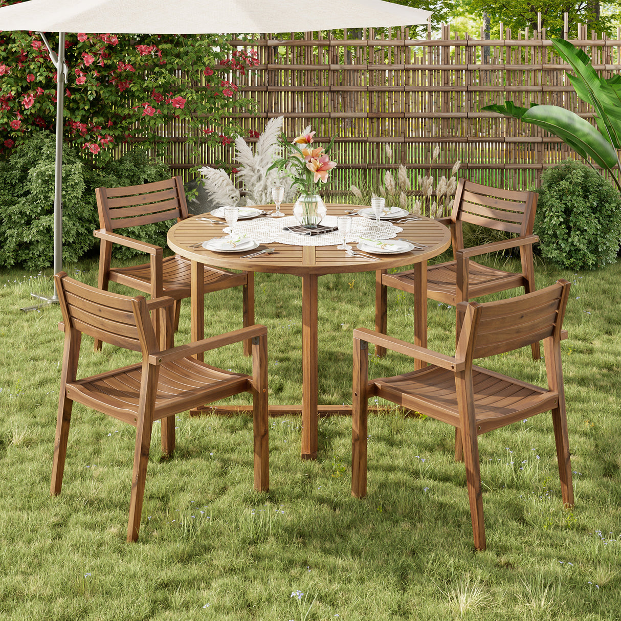 U_STYLE 5-Piece Outdoor Dining Set with Acacia Wood Chairs