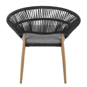 Cyril Outdoor Wicker Papasan Style Dining Chair with Teak Finished Leg and Dark Gray Faux Rattan - Set of 2
