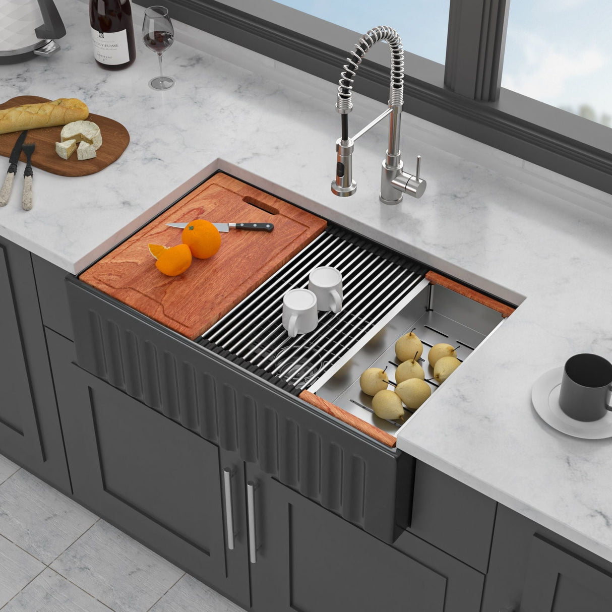 Porcelain Ceramic Farmhouse Sink Workstation with Reversible Apron Design - Single Bowl