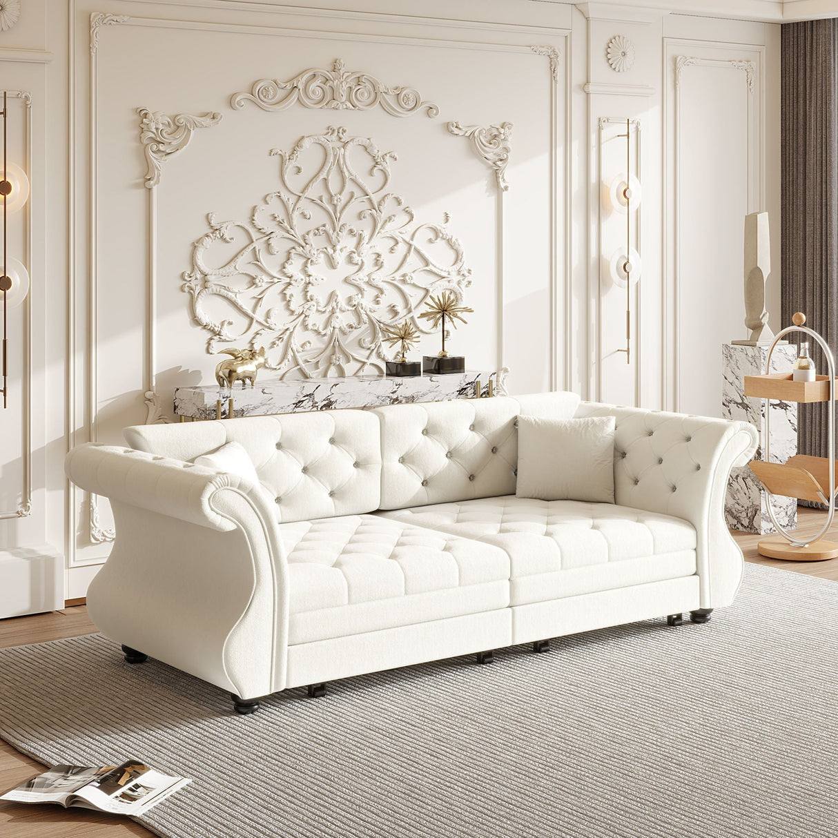 Oversized Chesterfield Pull Out Sofa Bed, Roll Arm Couch With Flower Tufting For Living Room