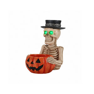 Halloween Skeleton Figurine with Pumpkin Candy Bowl & Candle Holder