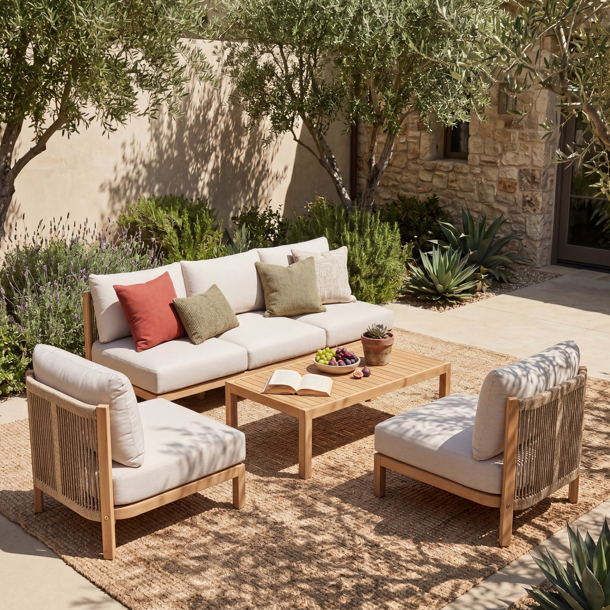 4 Piece Acacia Wood Outdoor Sofa Set with Rope-Woven Chairs