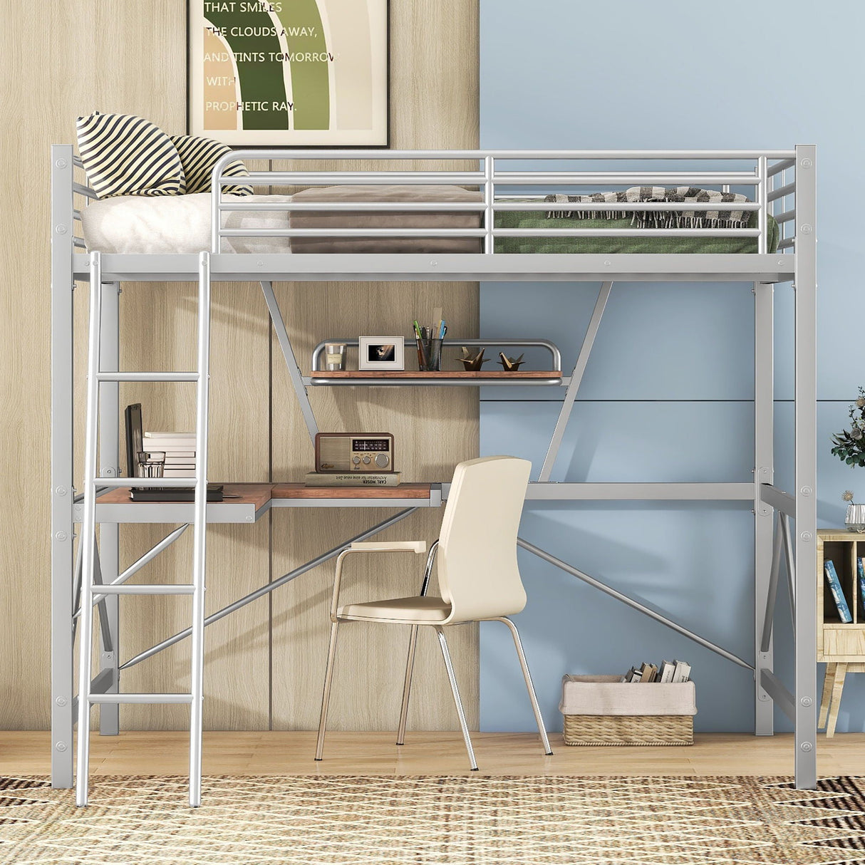 Loft Bed With Desk And Shelf, Modern Design