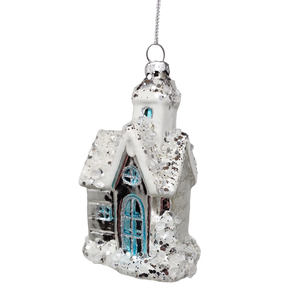 Glass Snowy Church Ornament -