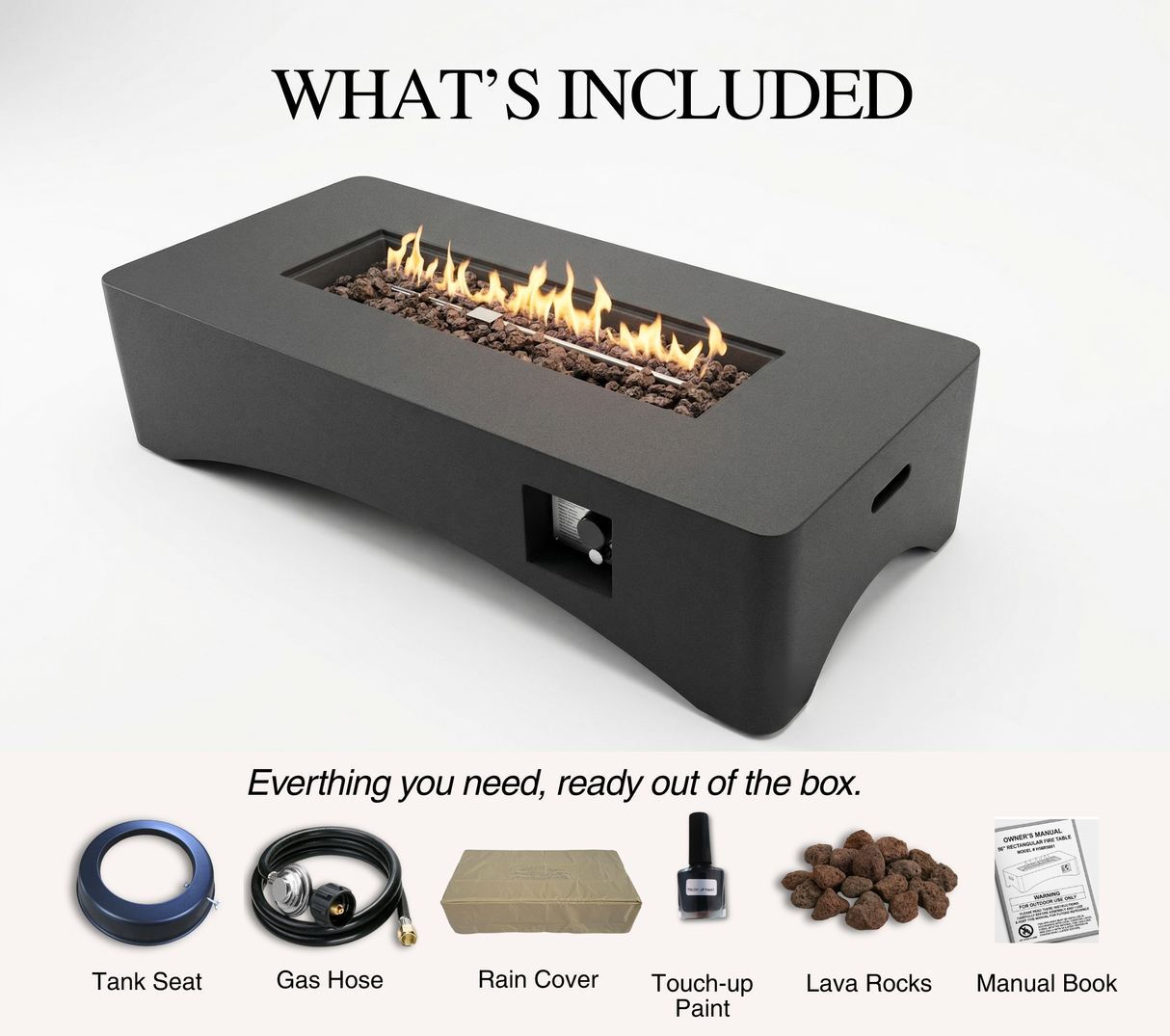 56" Propane Fire Pit Table, Rectangular Outdoor Gas Fire Pit