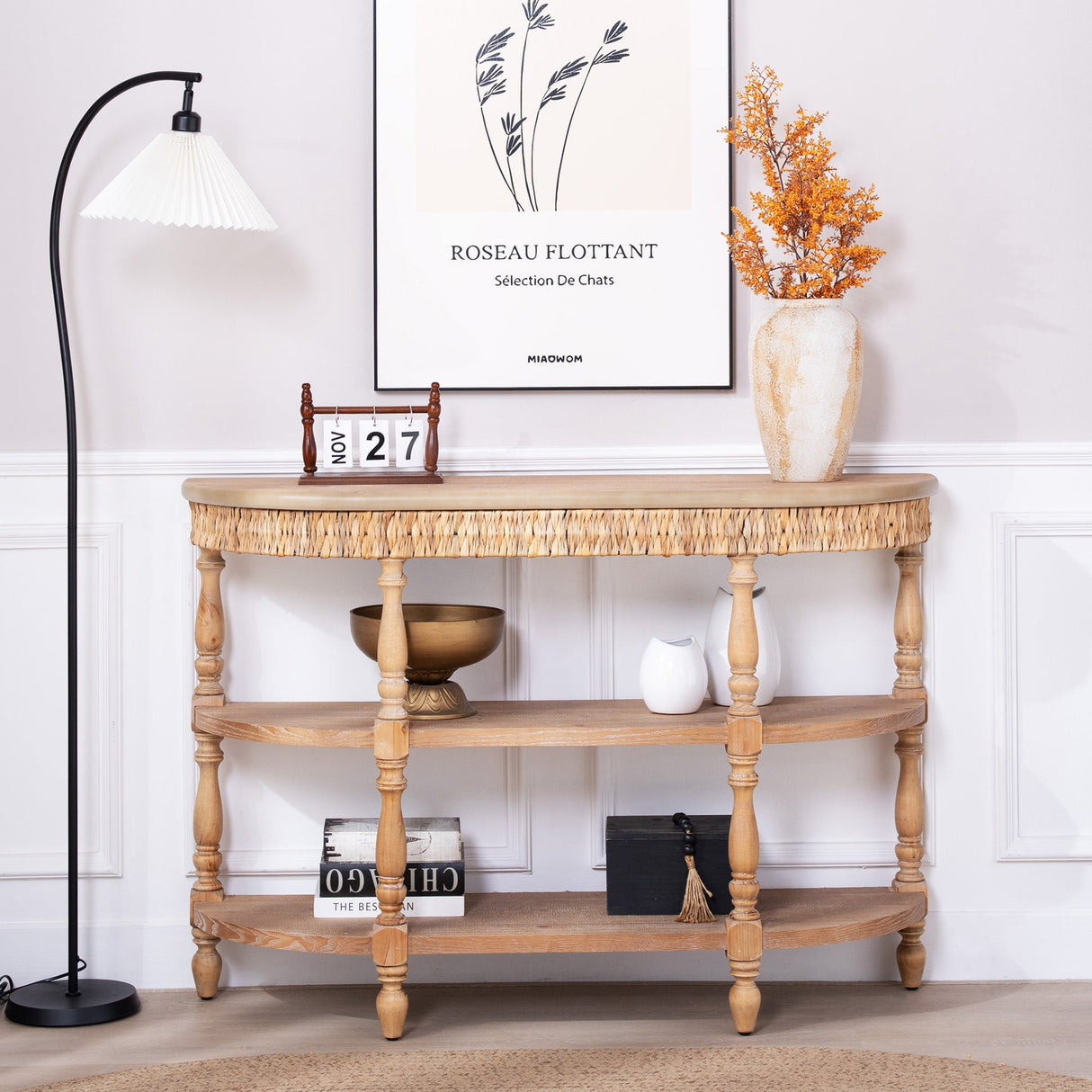 Handcrafted Wood Console Table with Hand-Woven Trim