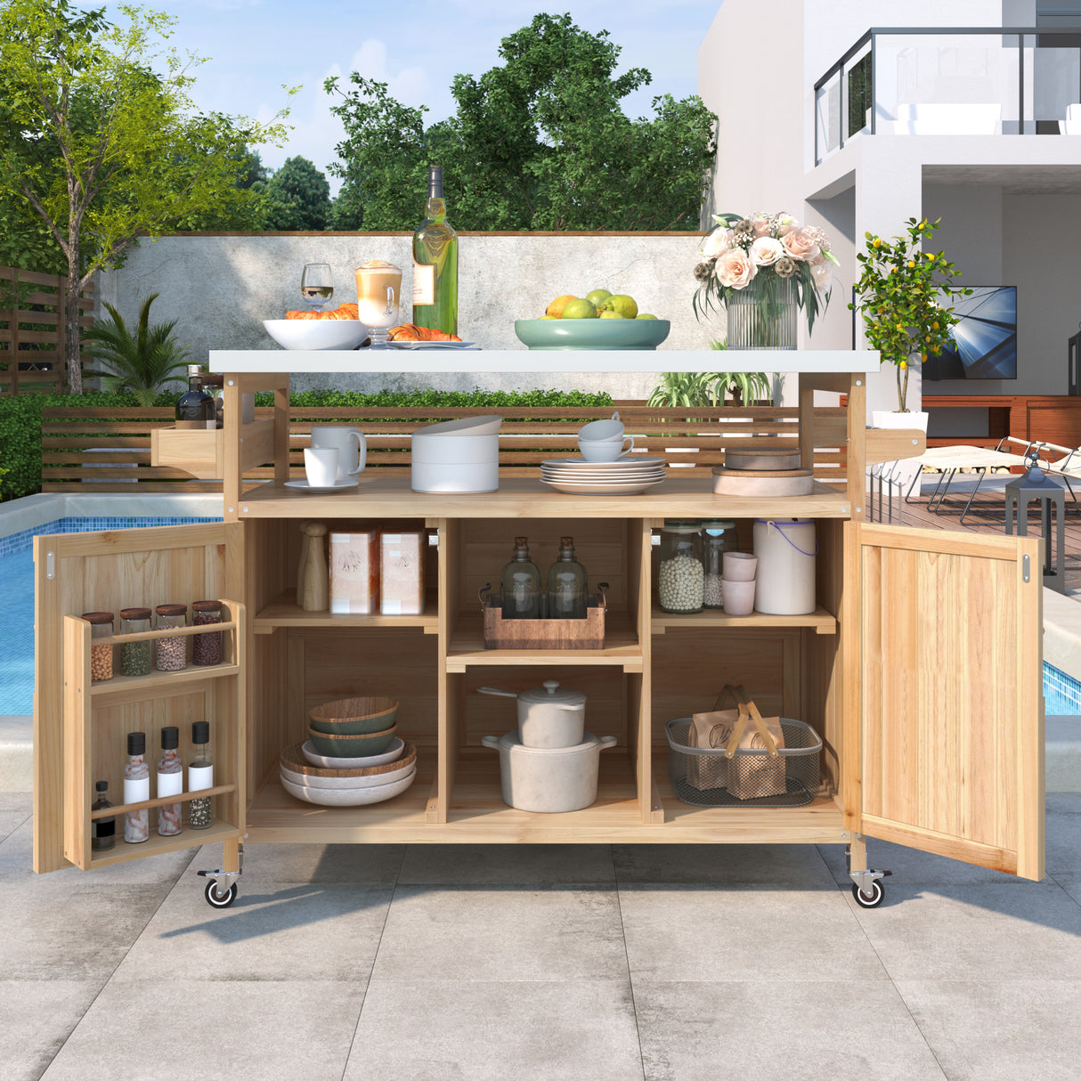 Outdoor kitchen island, rolling bar cart & storage cabinet, natural
