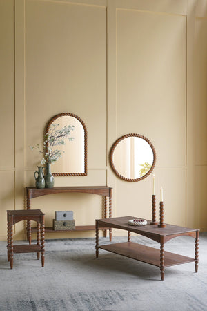 Rustic Brown Wood Coffee Table with Turned Spiral Legs and Lower Shelf