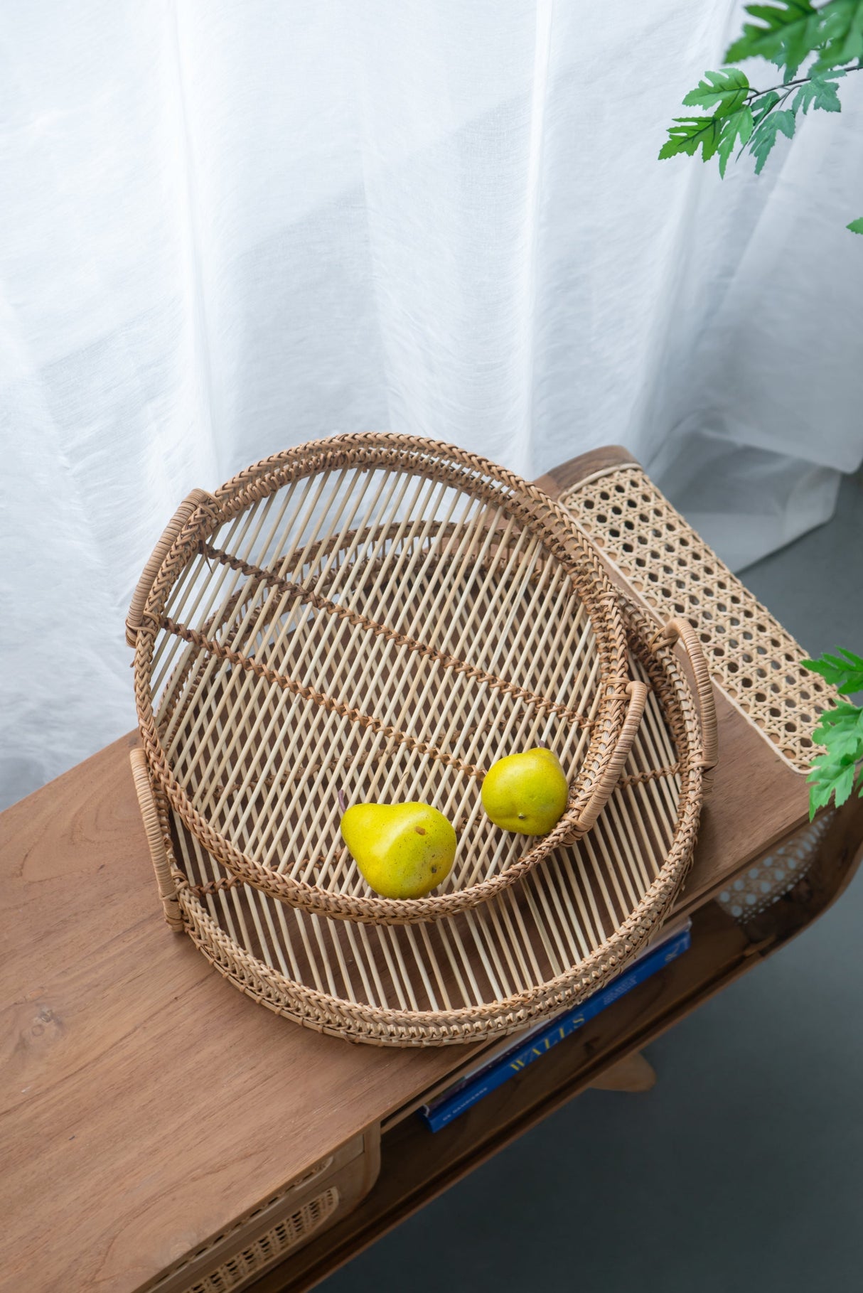 Set of 3 Round Decorative Brown Bamboo Woven Trays with Handles