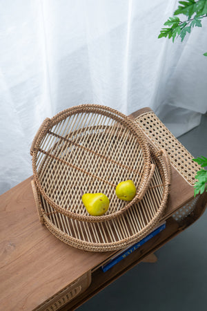 Set of 3 Round Decorative Brown Bamboo Woven Trays with Handles