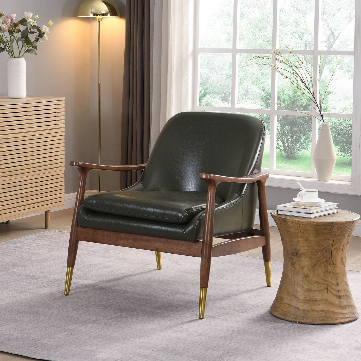 Mid-Century Accent Chair With Cushioned Seat, Brass Tipped Legs