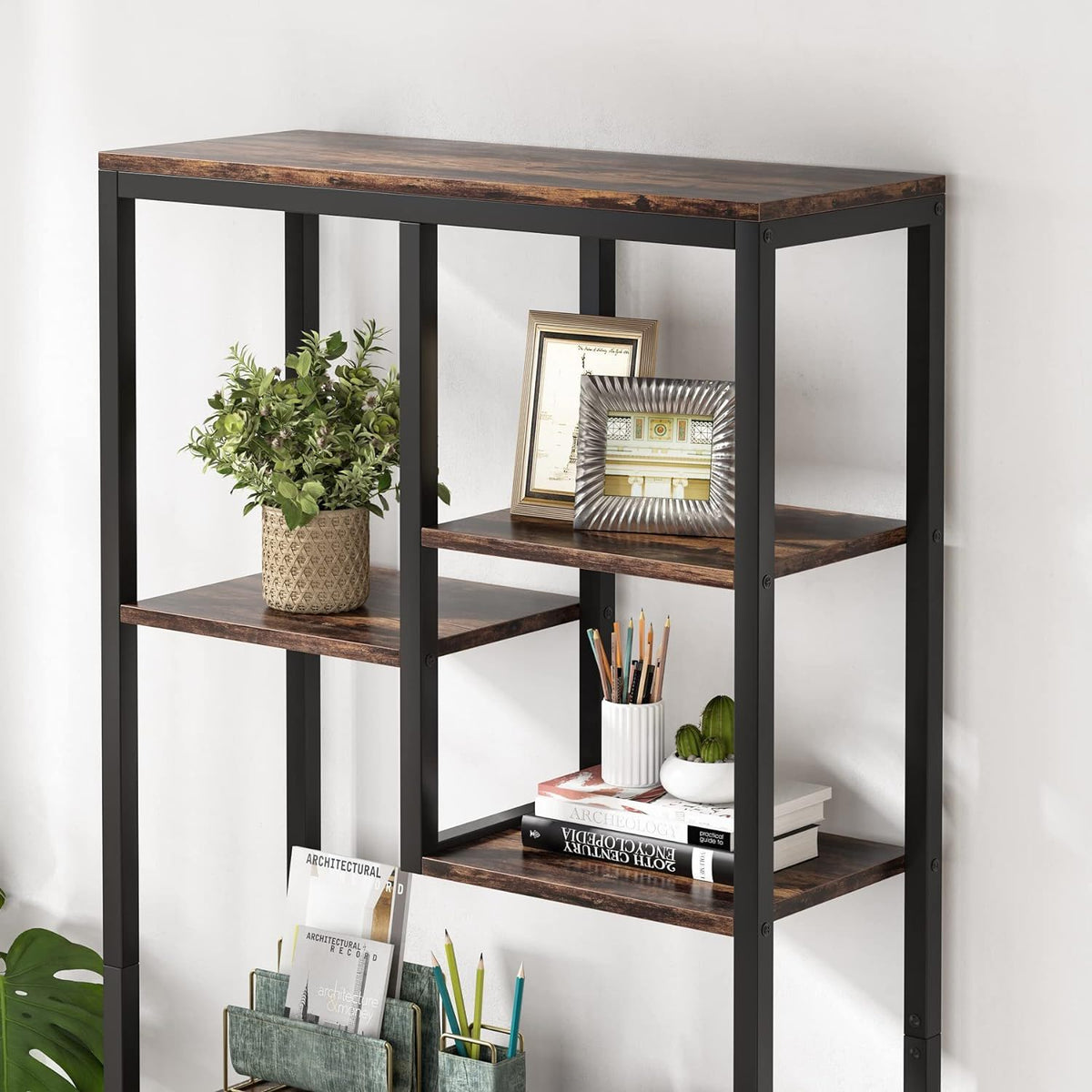 6 Tier, 8 Shelf Etagere Bookcase Storage Display Rack For Living Room - Rustic Brown