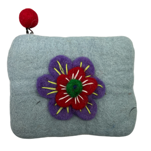 Felt Wool  Soft Gray Coin Purse with Flower Applique