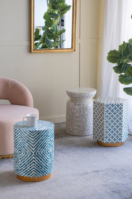 14x14x18'-Round-Accent-Stool-with-Blue-and-White-Capiz-Design-and-Gold-Pedestal-Base-Side-Tables