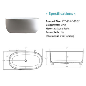 Independent Solid Surface Resin Stone Bathtub, A Modern Designed Independent Bathtub With Pop-Up Drainage And Overflow Pipes, Suitable For Small Households - Matte White