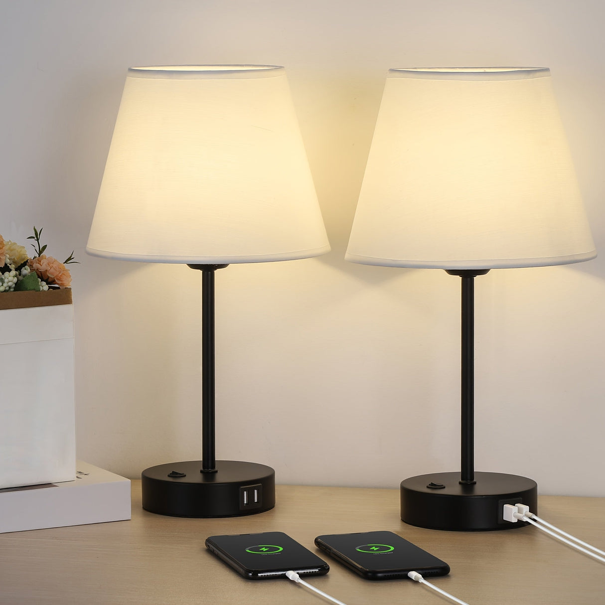 Bedside Table Lamps Set of 2 with USB Ports for Bedroom Nightstand Lighting