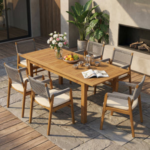 Outdoor 7 Pieces Rustic Patio Acacia Expandable Dining Set with Cushions