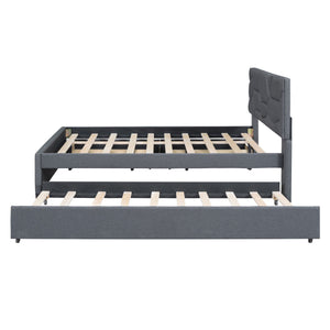 Upholstered Platform Bed With Brick Pattern Headboard And Twin Long Size Trundle