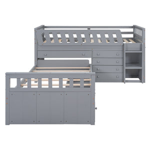 Loft Platform Bed With 7 Drawers And Full Guardrails, Modern L Shaped Space Savin