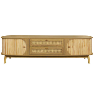 Rattan TV Stand For Tvs Up To 75'', Modern Farmhouse Media Console, Entertainment Center With Legs, TV Cabinet For Living Room, Home Theatre - Natural Wood