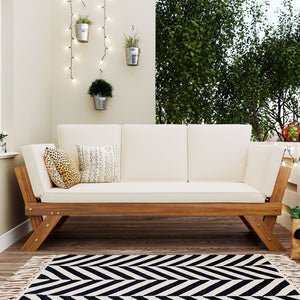 Topmax Outdoor Adjustable Patio Wooden Daybed Sofa Chaise Lounge with Cushions