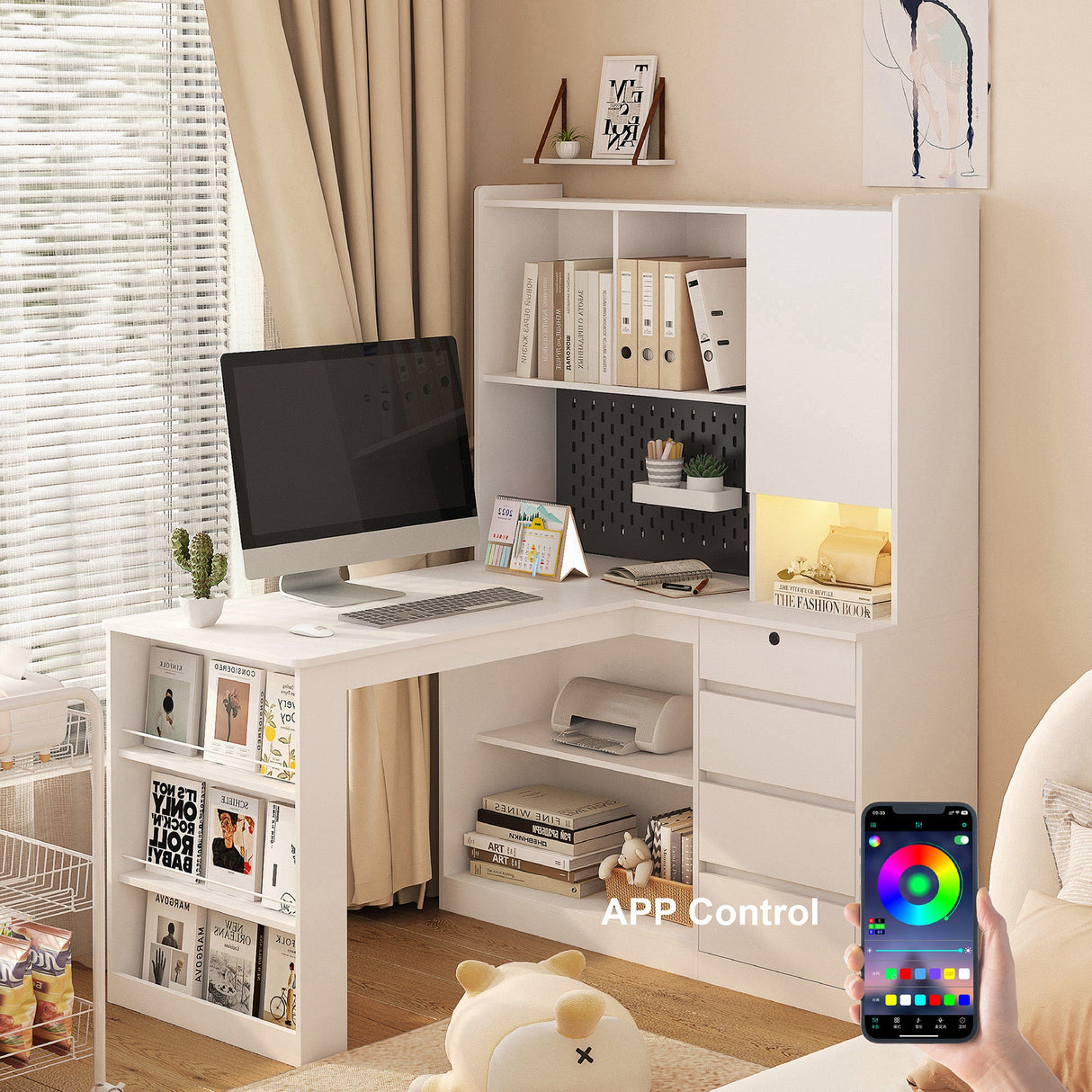 L Shaped Desk with Charger and Drawers