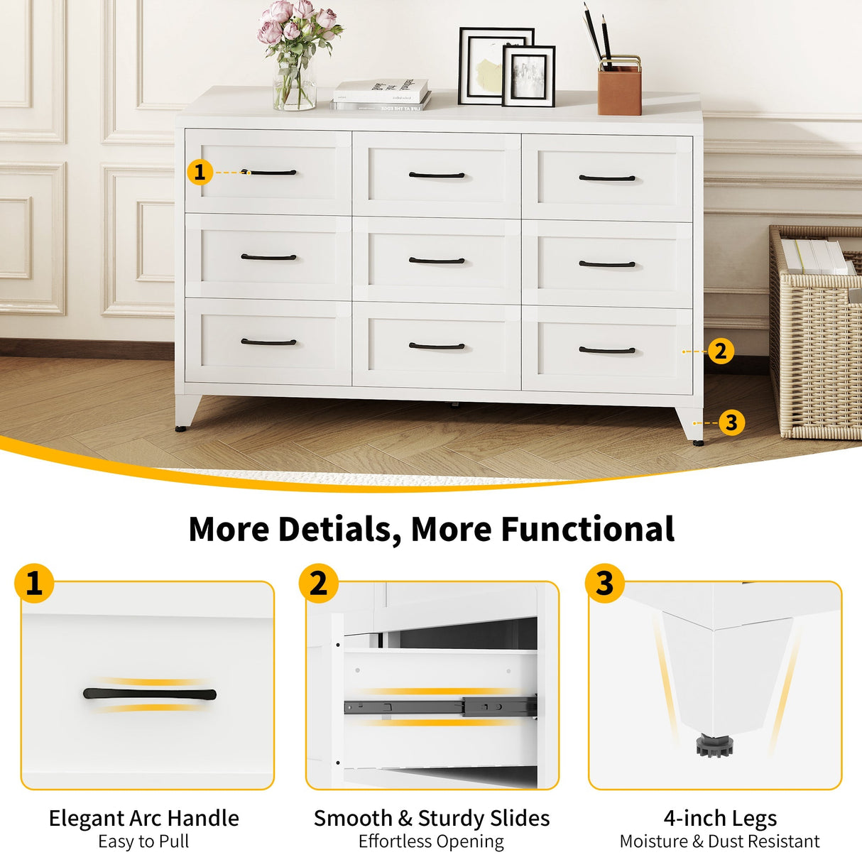 9 Drawer Dresser for Bedroom, Metal Profile Chest of Drawers, White Bedroom Dresser with Storage Drawers for Closet, Hallway, Entryway, Steel Furniture with Quiet-Glide Rails, Easy-Clean & Scratch