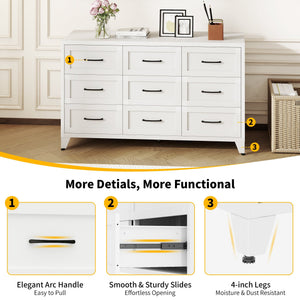 9 Drawer Dresser for Bedroom, Metal Profile Chest of Drawers, White Bedroom Dresser with Storage Drawers for Closet, Hallway, Entryway, Steel Furniture with Quiet-Glide Rails, Easy-Clean & Scratch