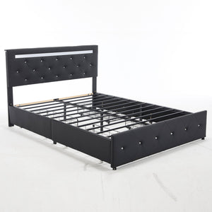 Upholstered Bed Frame With LED Lights, 4 Storage Drawers, Charging Station