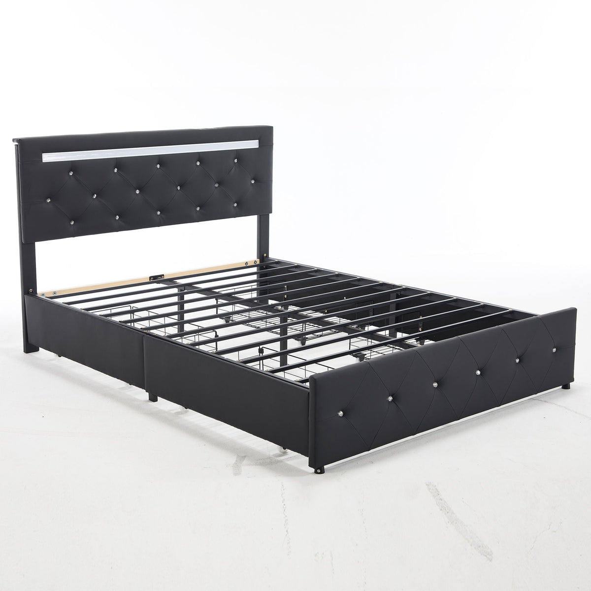 Upholstered Bed Frame With LED Lights, 4 Storage Drawers, Charging Station