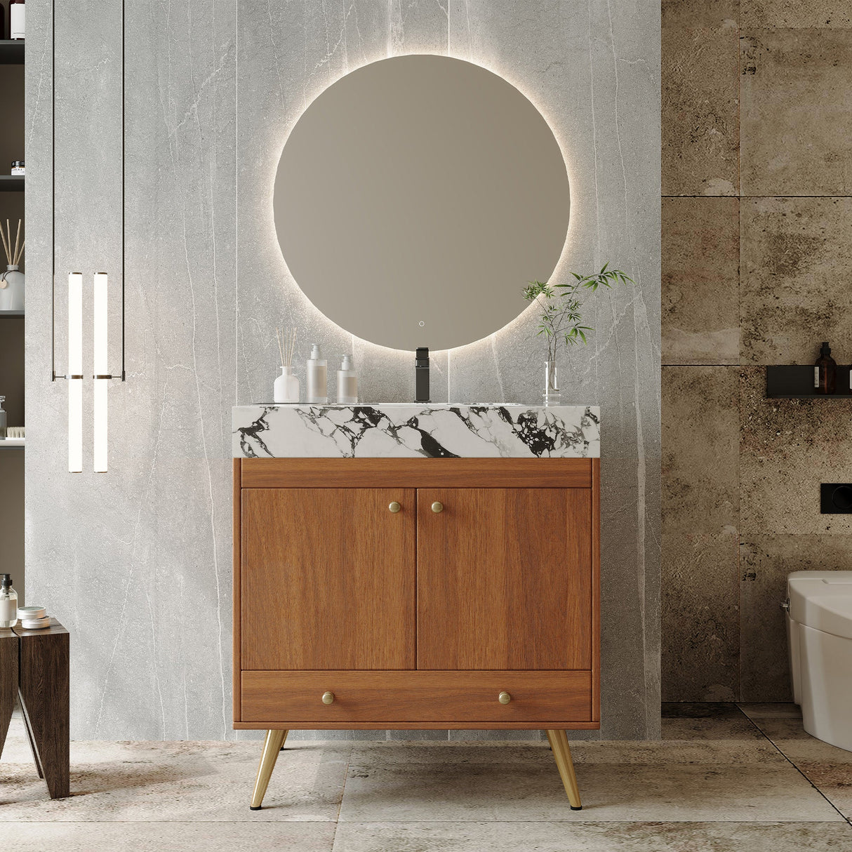 Mid-Century Free-Standing Bathroom Vanity with Faux Marble Top