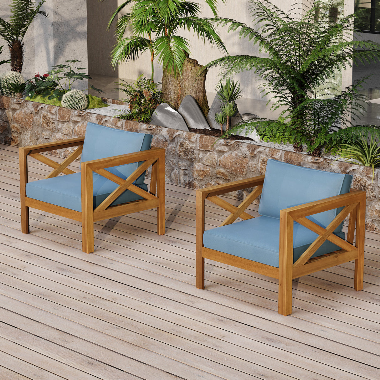 Outdoor Acacia Wood Club Wooden Armchair with Cushions (Set of 2)