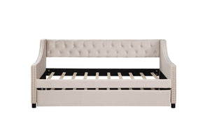 Daybed with Trundle Upholstered Tufted Sofa Bed Arms Full Size Beige