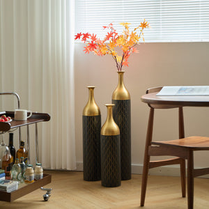 Elegant Floor Vase Set Metal Decorative Vases 3 Piece Set For Floral Display, Wedding & Gift Decor - Gold / Black