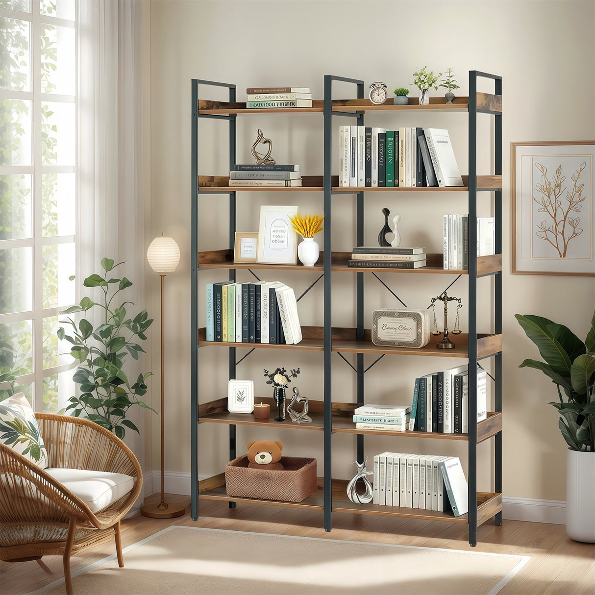 6-Tier Industrial Bookshelf With 12 Open Shelves