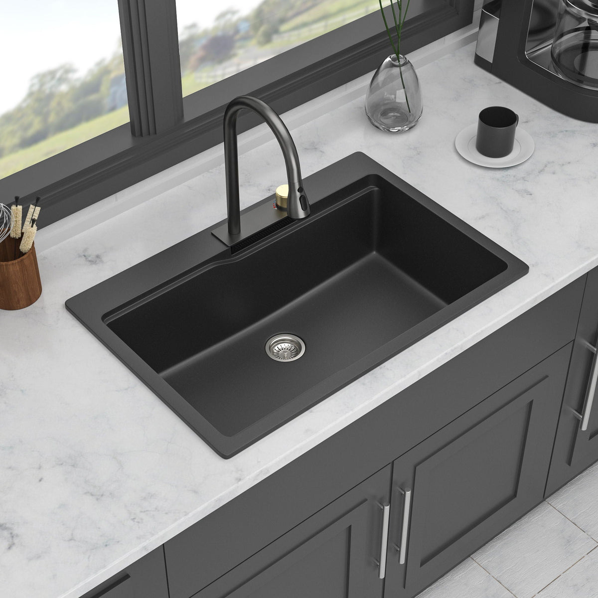 Waterfall Kitchen Sink With Pull Out Faucet & Cup Washer