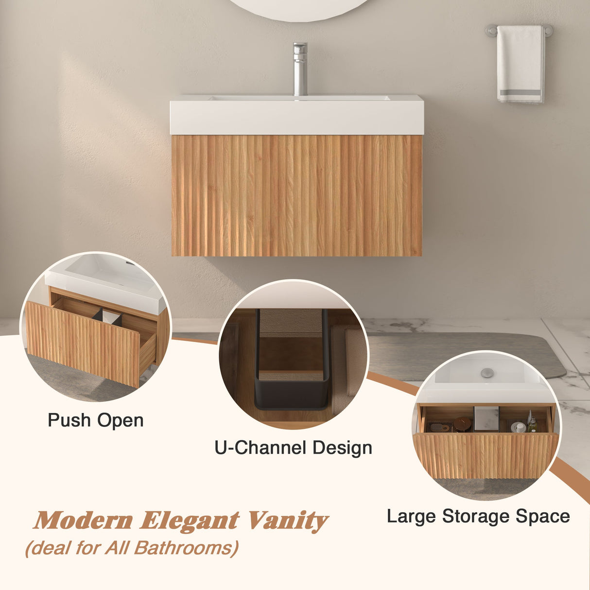 30" Bathroom Vanity with Sink - Wall Mounted Floating Cabinet