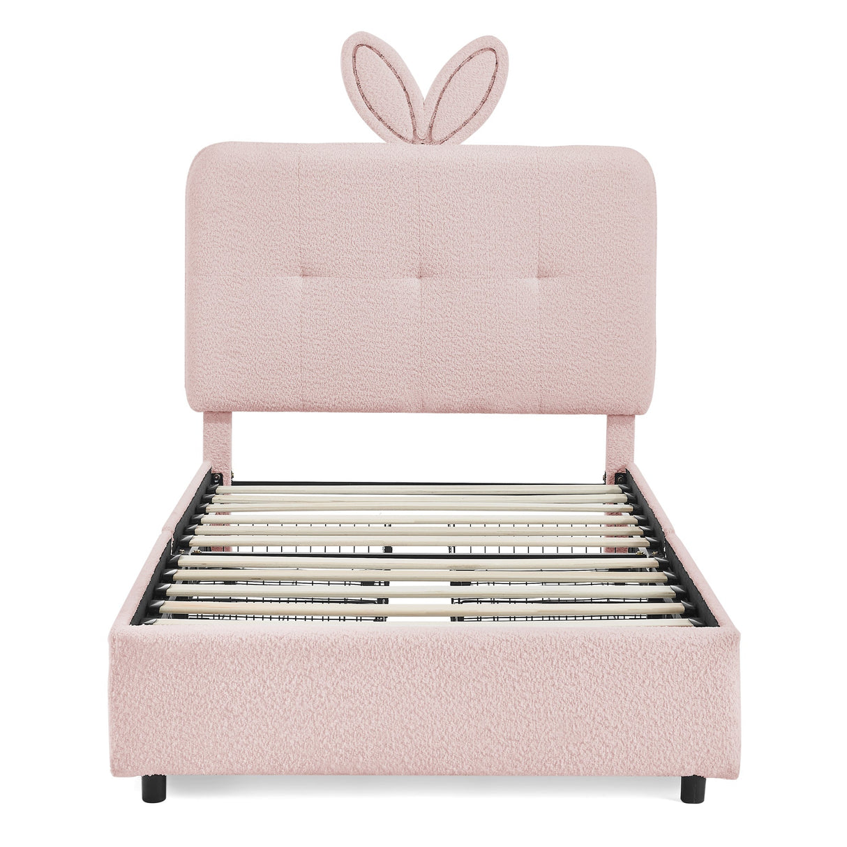 Twin Size Kids Upholstered Bed with Oversized Rabbit Ear Headboard, LED Light & 4 Storage Drawers, Boucle Fabric (79.5''X40.75''X41'')