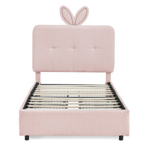 Twin Size Kids Upholstered Bed with Oversized Rabbit Ear Headboard, LED Light & 4 Storage Drawers, Boucle Fabric (79.5''X40.75''X41'')